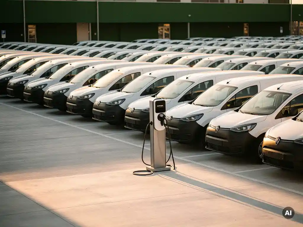 Rij witte elektrische bestelwagens geparkeerd in een vlootdepot met een EV-laadpaal op de voorgrond in goudkleurig middaglicht.