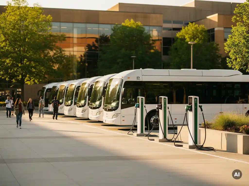 Witte elektrische bussen opladen op modern universiteitscampus, studenten lopen langs in middagzon met bomen op achtergrond.