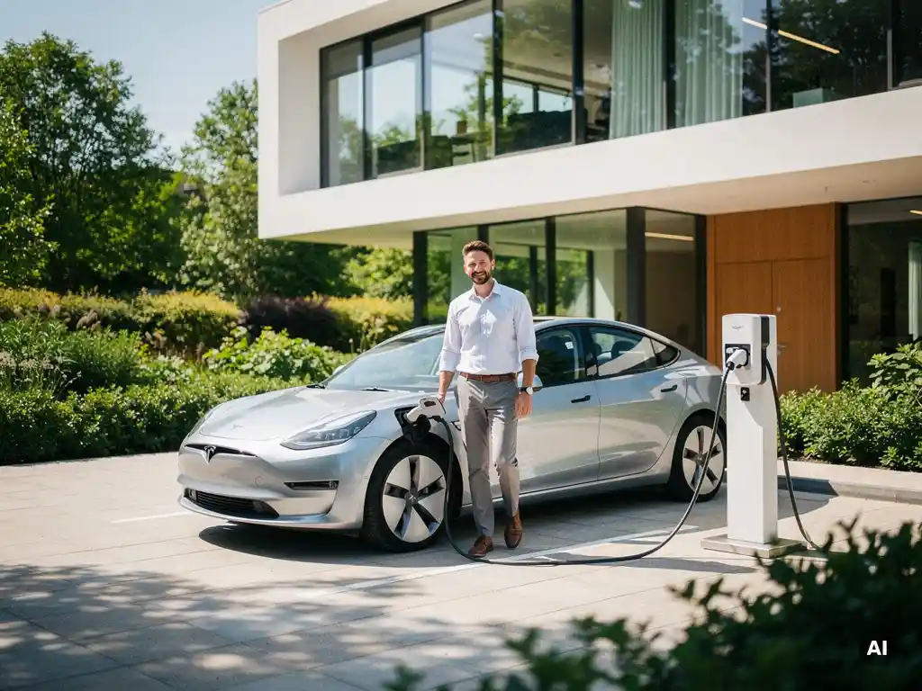 Werknemer koppelt laadkabel los van elektrische lease auto bij modern wit laadpunt voor Nederlands kantoorgebouw.