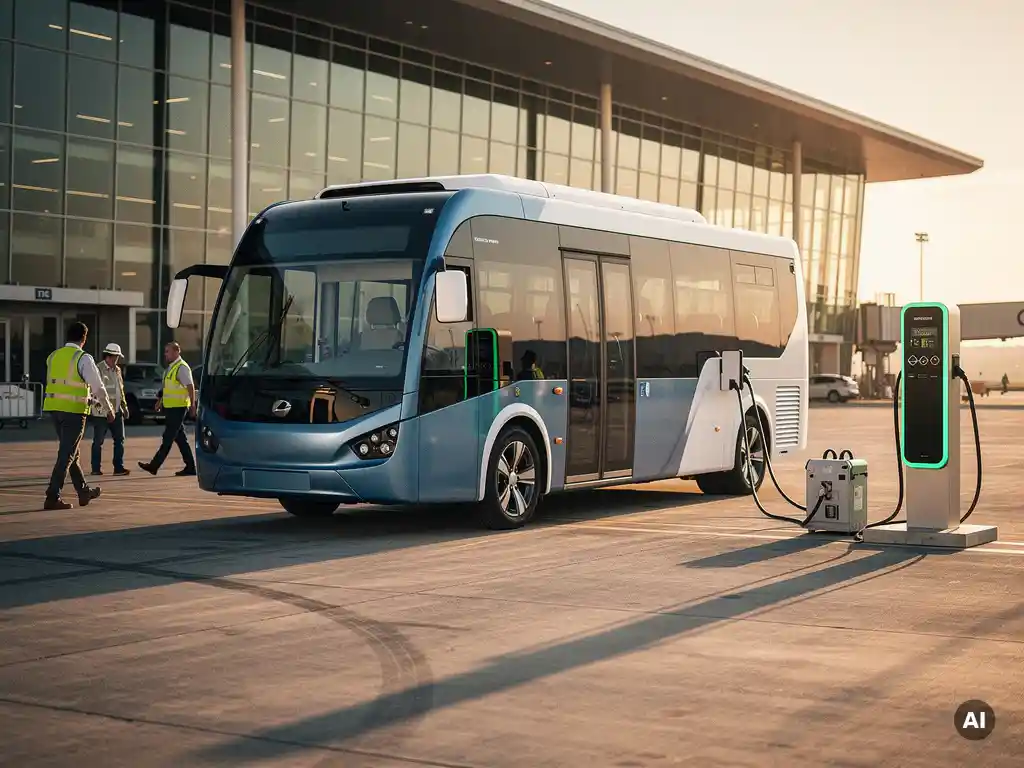 Elektrische shuttlebus opgeladen bij zero-emissie laadstation op luchthavenplatform, glazen terminal op achtergrond, grondbemanning actief nabij.