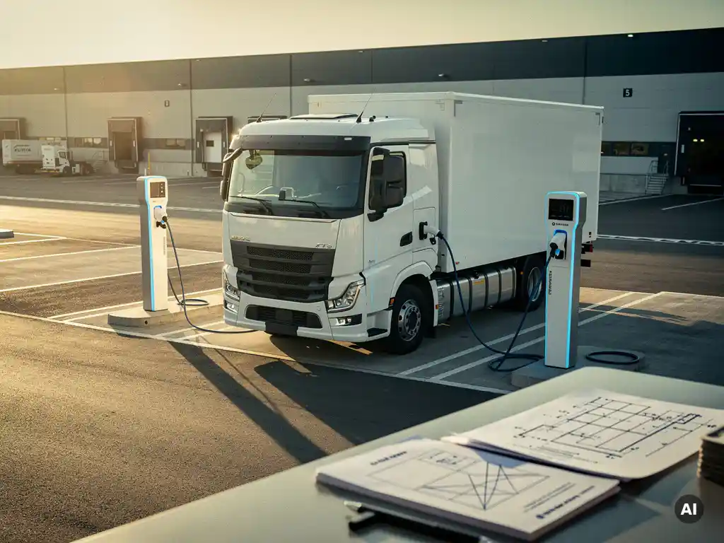 Witte elektrische vrachtwagen aangesloten op snellader bij Nederlands logistiek centrum, regelgevingsdocumenten zichtbaar op achtergrond.