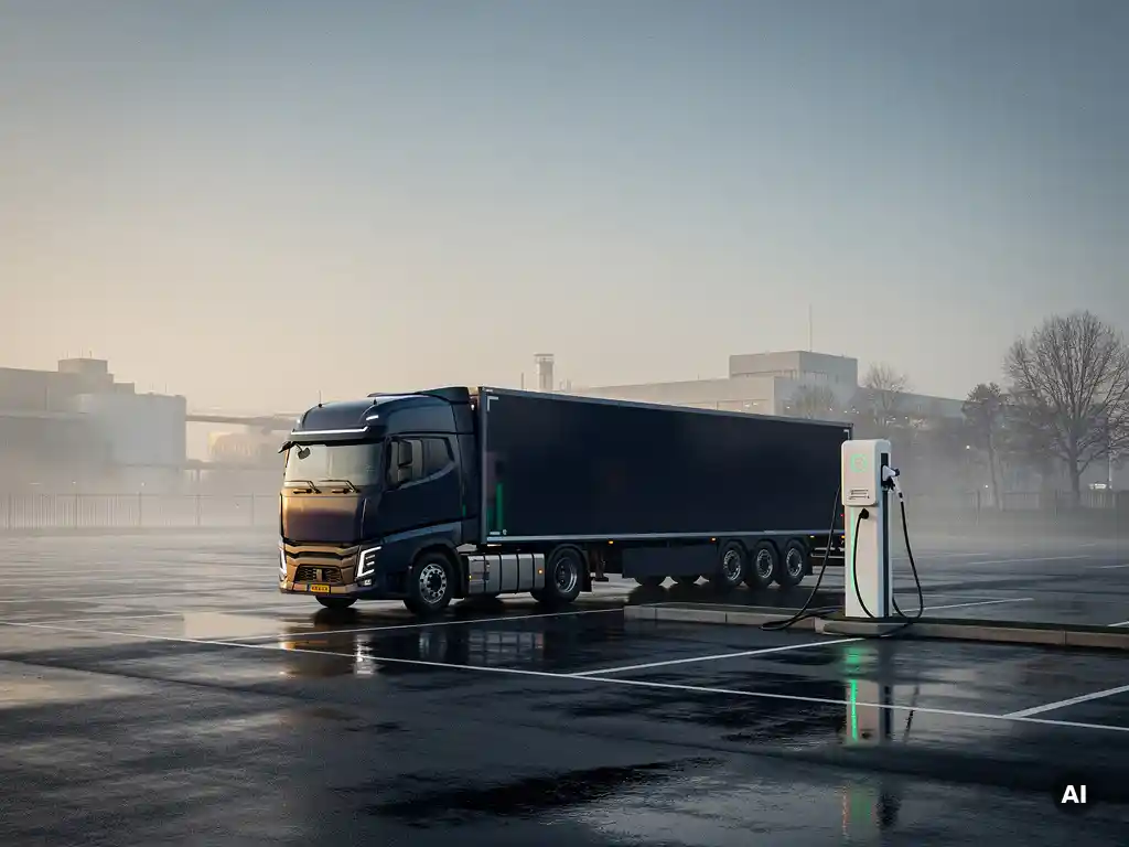 Elektrische vrachtwagen laadt op bij modern depot in mistig Nederlands ochtendlicht, kabel aangesloten op witte snellader.