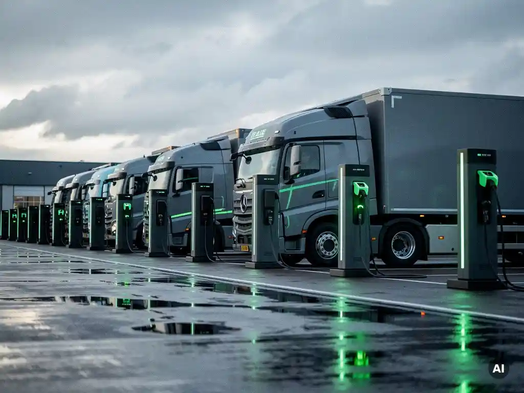 Elektrische vrachtwagens aangesloten op modulair laadstation in Nederlands logistiek depot onder bewolkte lucht.