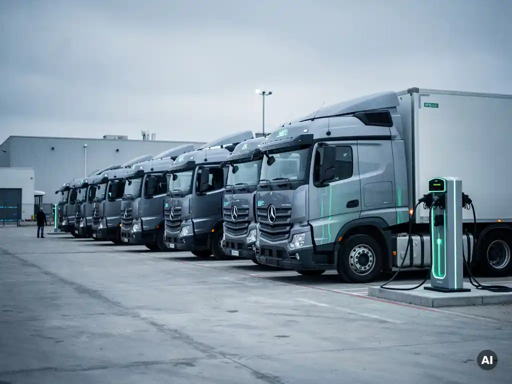 Elektrische vrachtwagens aangesloten op modulair laadstation in druk logistiek terrein, met actieve en inactieve laadpunten onder bewolkte industriële lucht.