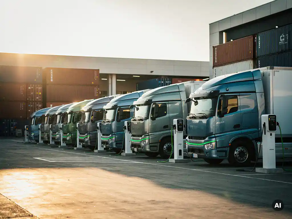 Elektrische vrachtwagens aangesloten op snelladers bij een druk logistiek hub, met vrachtcontainers en magazijn op de achtergrond.
