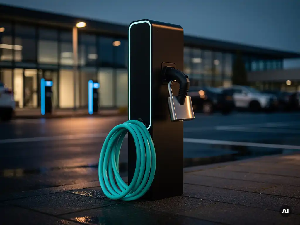 Zwart EV-laadstation met hangslot op verlicht oplaadplein bij schemering, natte klinkers reflecteren warm amberkleurig licht.