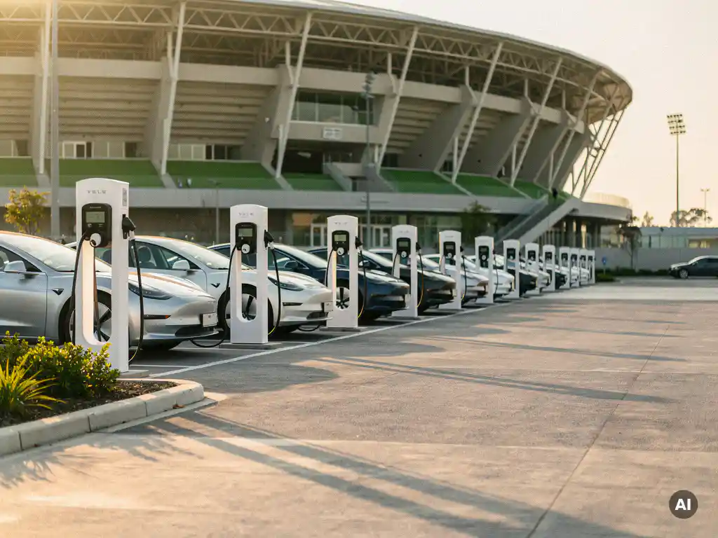 Witte EV-laadpalen bij de ingang van een modern sportcomplex met ingeplugde elektrische auto's in middagzon.