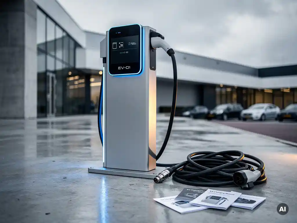 Operationeel EV-laadstation bij een bedrijfsdepot met losse kabels en technische handleidingen op het beton ernaast.