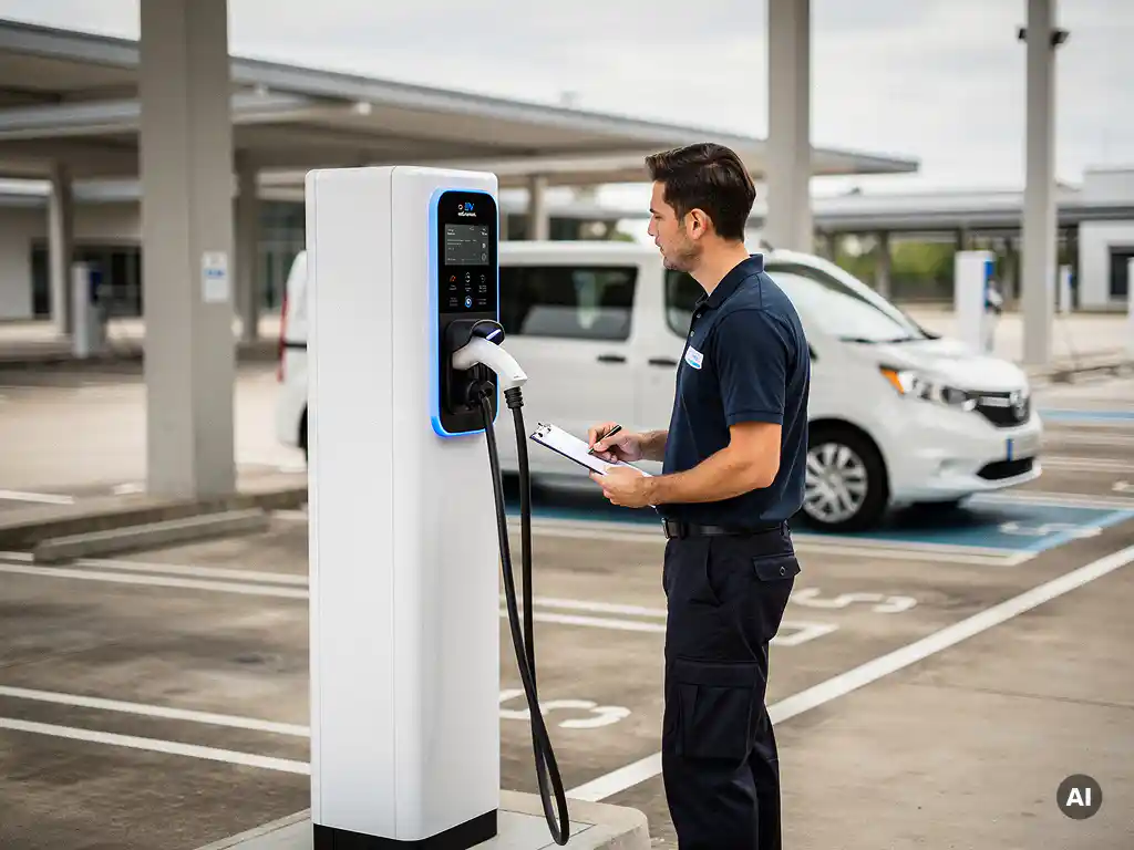 Technicus in marineblauw uniform inspecteert wit EV-laadstation op bedrijfsparkeerplaats met elektrische bestelwagen op achtergrond.