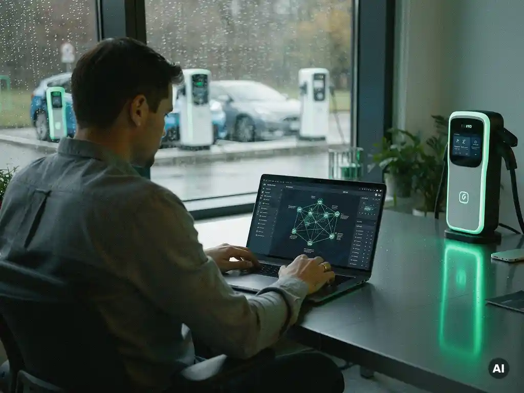 Technicus bewaakt netwerk van laadpalen op laptop in modern kantoor, laadplein zichtbaar door regendruppels op raam op de achtergrond.