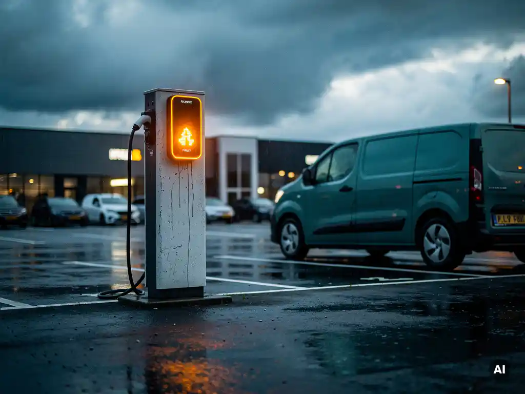 Defecte elektrische laadpaal met oranje storingsmelding in regenachtig Nederlands parkeerterrein bij schemering, elektrische bestelwagen op de achtergrond.