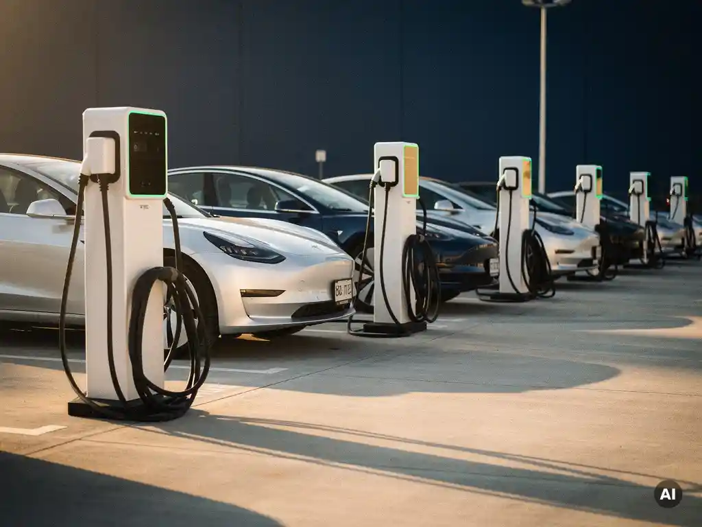 Rij witte EV-laadpalen op moderne commerciële parkeerplaats, verbonden met elektrische voertuigen in gouduurlicht.