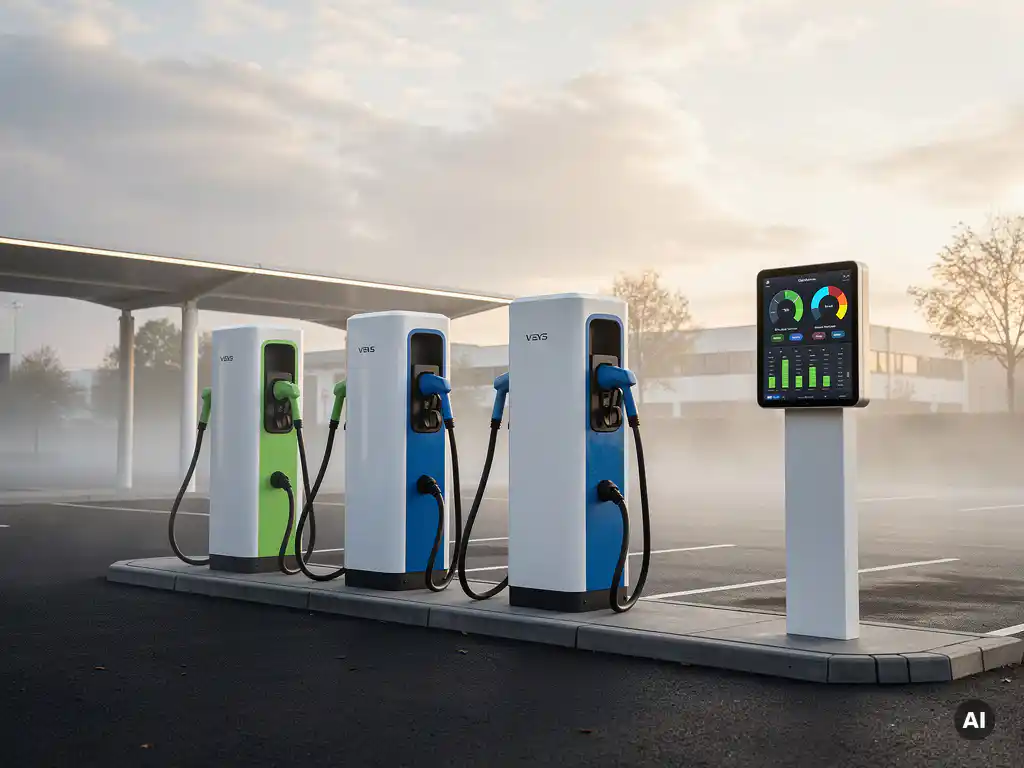 Cluster van moderne EV-laadstations op een commercieel voorterrein met digitaal energiebeheerpaneel, gehuld in gouden ochtendlicht.