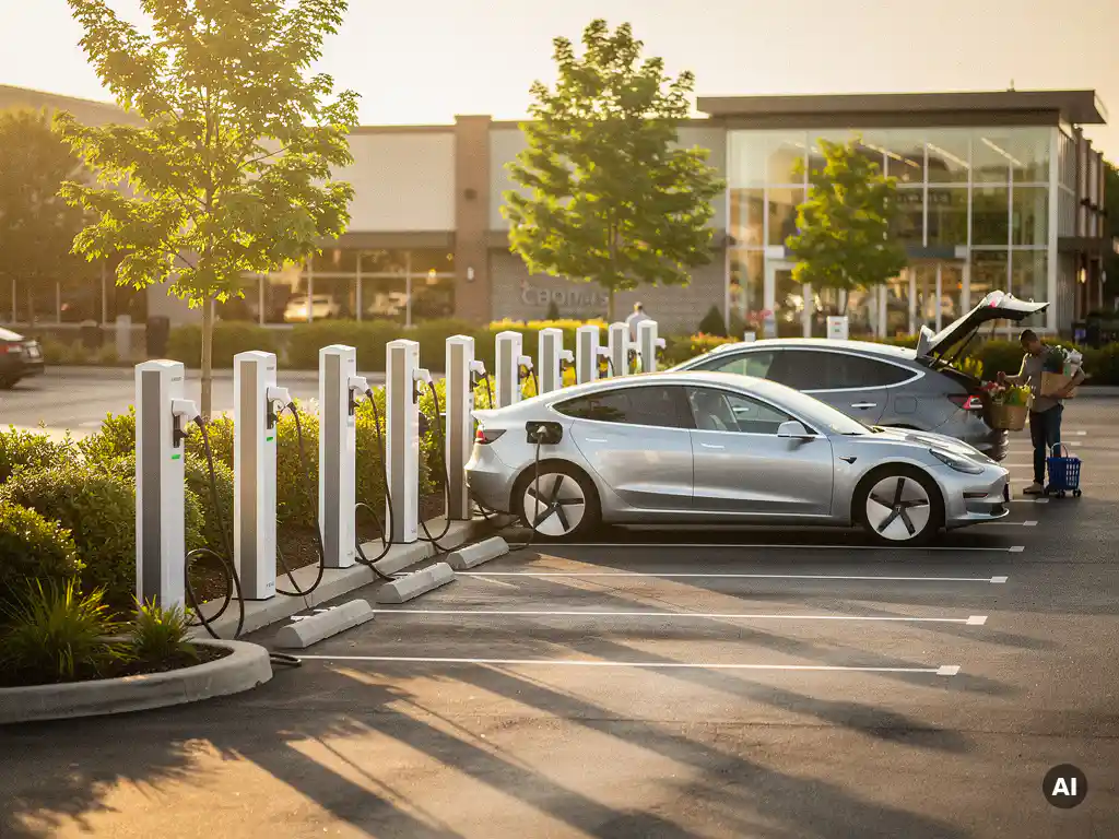 Witte EV-laadpalen op een zonnig supermarktparkeerterrein met aangesloten elektrische auto's en winkelende klanten op de achtergrond.