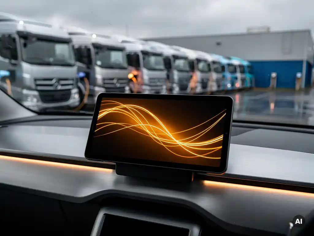 Tablet op laadstation dashboard met gloeiende energiestroomdata, elektrische vrachtwagens opladen op de achtergrond onder bewolkte Nederlandse lucht.