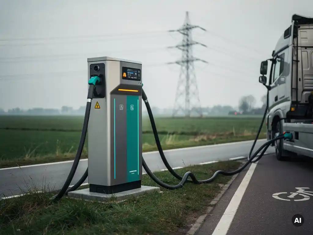 Mobiele batterij-snellader verbonden met elektrische vrachtwagen langs Nederlandse weg, overbelast hoogspanningsmast op achtergrond.