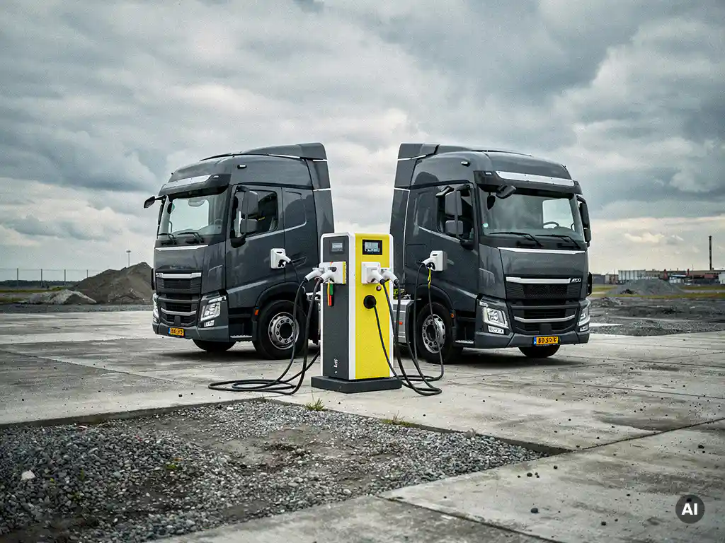 Zelfstandige mobiele snellader op afgelegen industrieel terrein met twee aangesloten elektrische vrachtwagens onder bewolkte lucht.