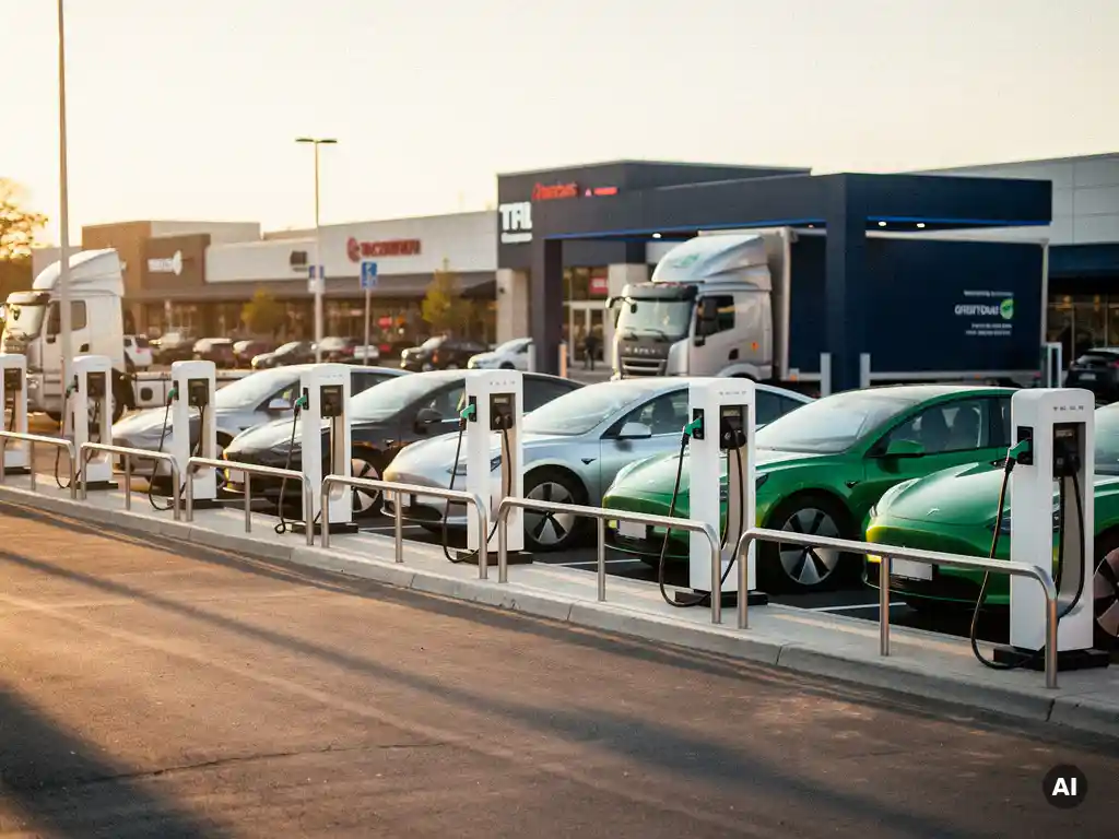 Witte EV-laadpalen achter een beveiligingsbarrière bij een privaat laadplein, met elektrische vrachtwagens en personenauto's tijdens het gouden uur.