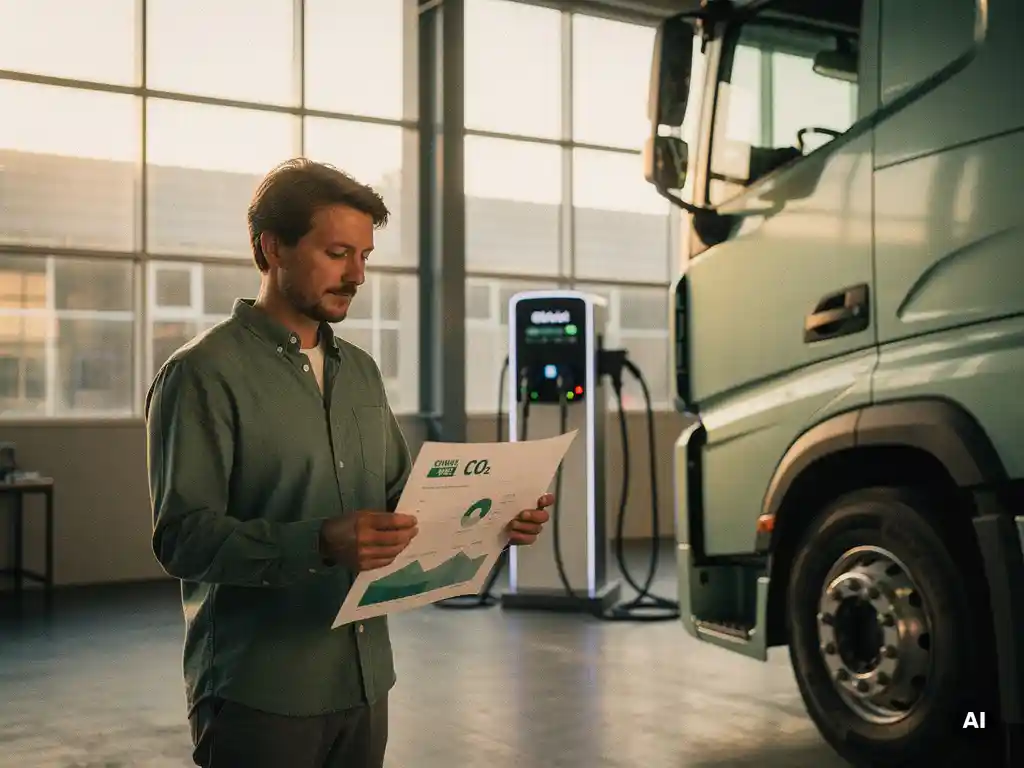 Vlootbeheerder bestudeert CO2-emissierapport naast elektrische vrachtwagen bij laadstation in modern depot.