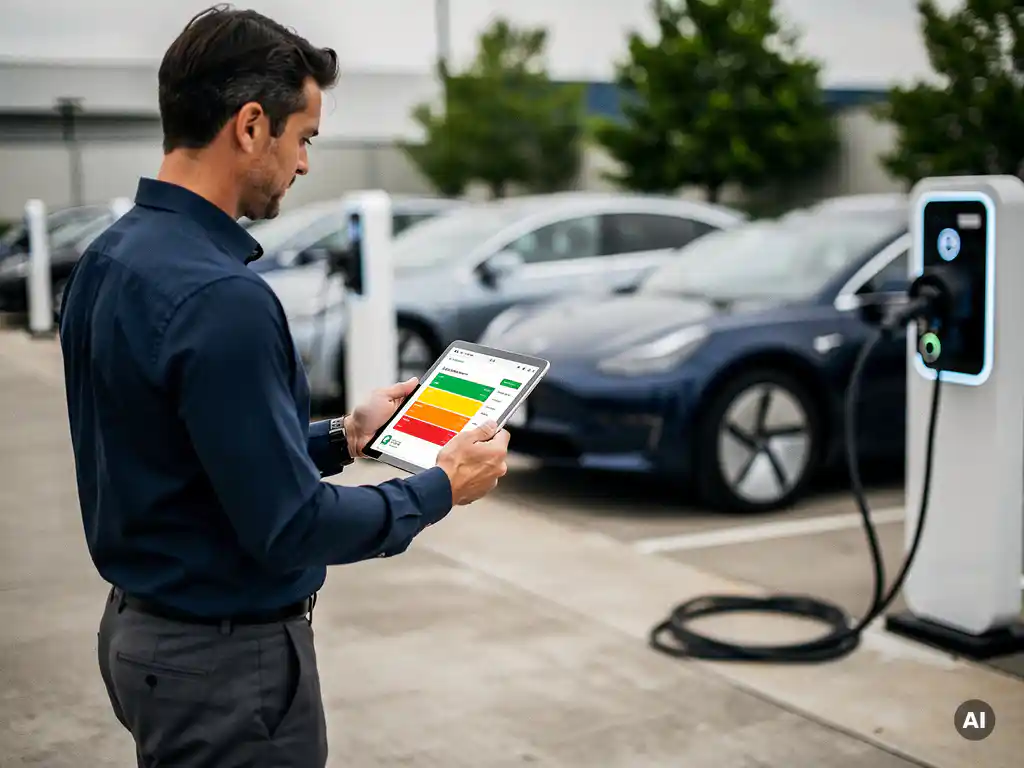 Vlootbeheerder bekijkt tablet met laadkostenanalyse per afdeling, naast elektrische bedrijfsvoertuigen aan witte laadpalen op bedrijfsparkeerplaats.