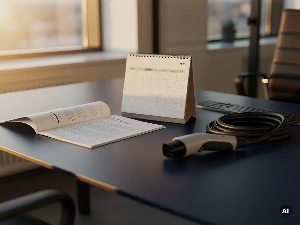 Beleidsdocument en kalender op modern bureau naast opgerolde laadkabel voor elektrisch voertuig, gouden avondlicht.