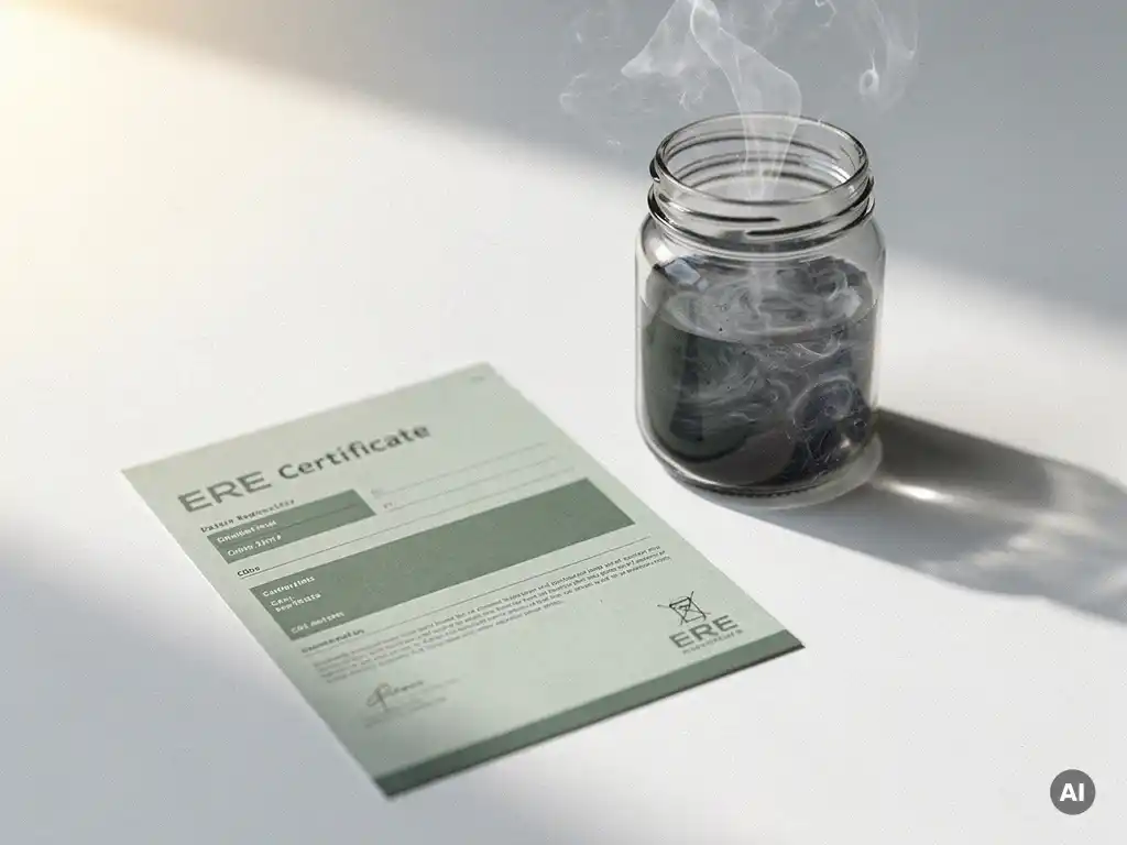 Groen ERE-certificaat op wit oppervlak naast glazen pot gevuld met grijze CO2-rook, zachte natuurlijke belichting.