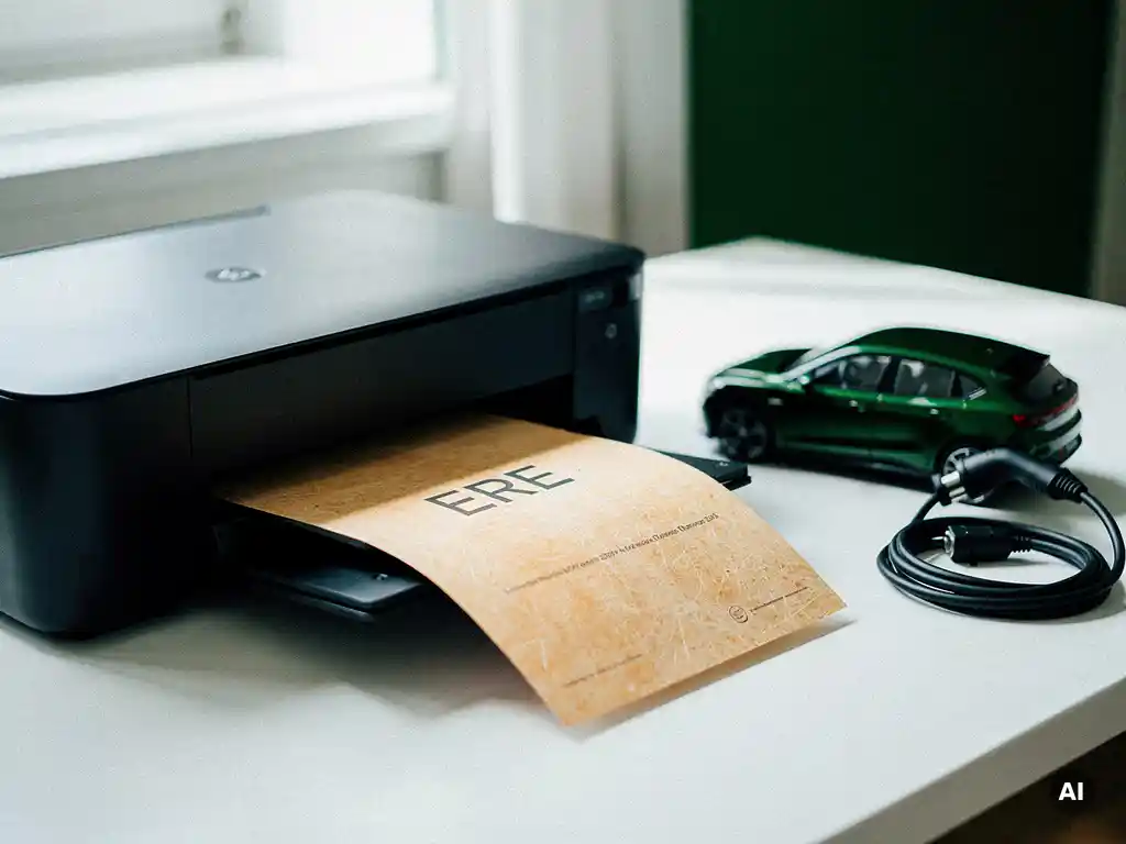 ERE-certificaat dat uit een moderne printer komt op wit bureau, met elektrisch voertuigmodel en laadkabel op de voorgrond.