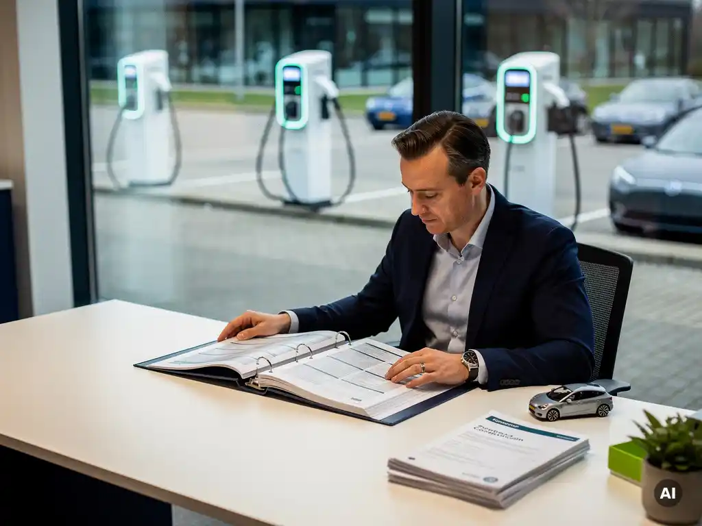 Nederlandse regelgevingsambtenaar bekijkt compliance-documentatie aan modern bureau met zichtbare EV-laadinfrastructuur op achtergrond.