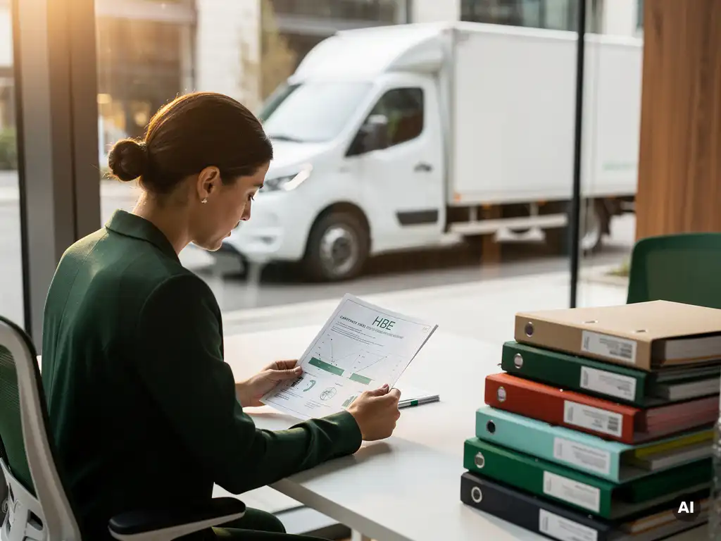 Duurzaamheidsconsultant bestudeert HBE-certificaat aan modern bureau, met elektrische bezorgwagen zichtbaar door grote kantoorramen.