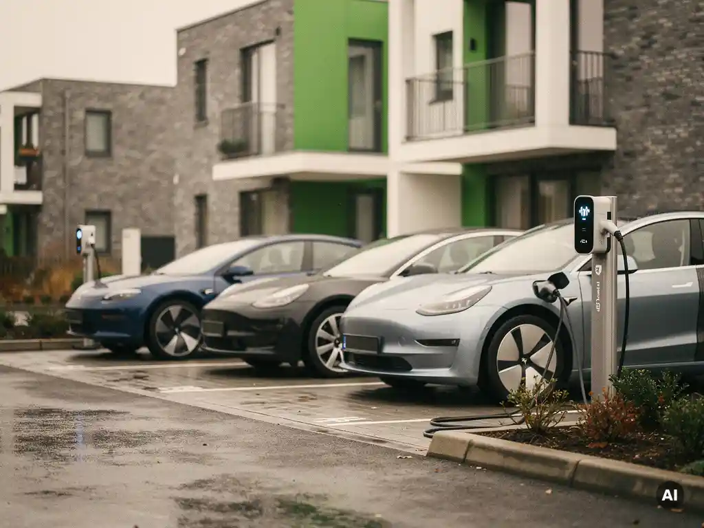Gedeelde EV-laadpalen op een parkeerplaats van een modern Nederlands appartementencomplex met meerdere elektrische auto's aangesloten.