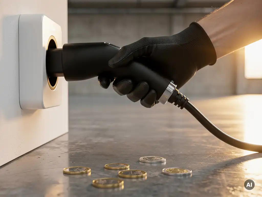 Gehandschoende hand met elektrische laadkabel aangesloten op wit laadpunt, euromunten op betonnen ondergrond, warm gouden licht.