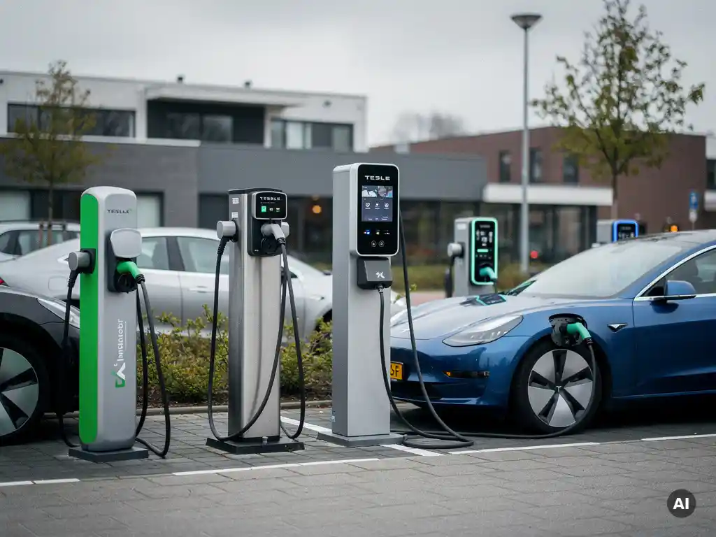 Meerdere elektrische auto's tegelijk opgeladen bij verschillende laadpalen op een moderne Nederlandse parkeerplaats onder bewolkte lucht.