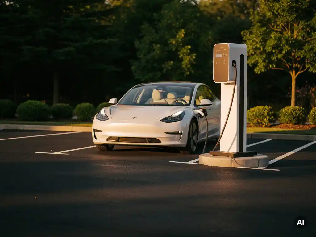 Witte EV-laadpaal op een zakelijk parkeerterrein met een aangesloten elektrische auto in warm middaglicht.