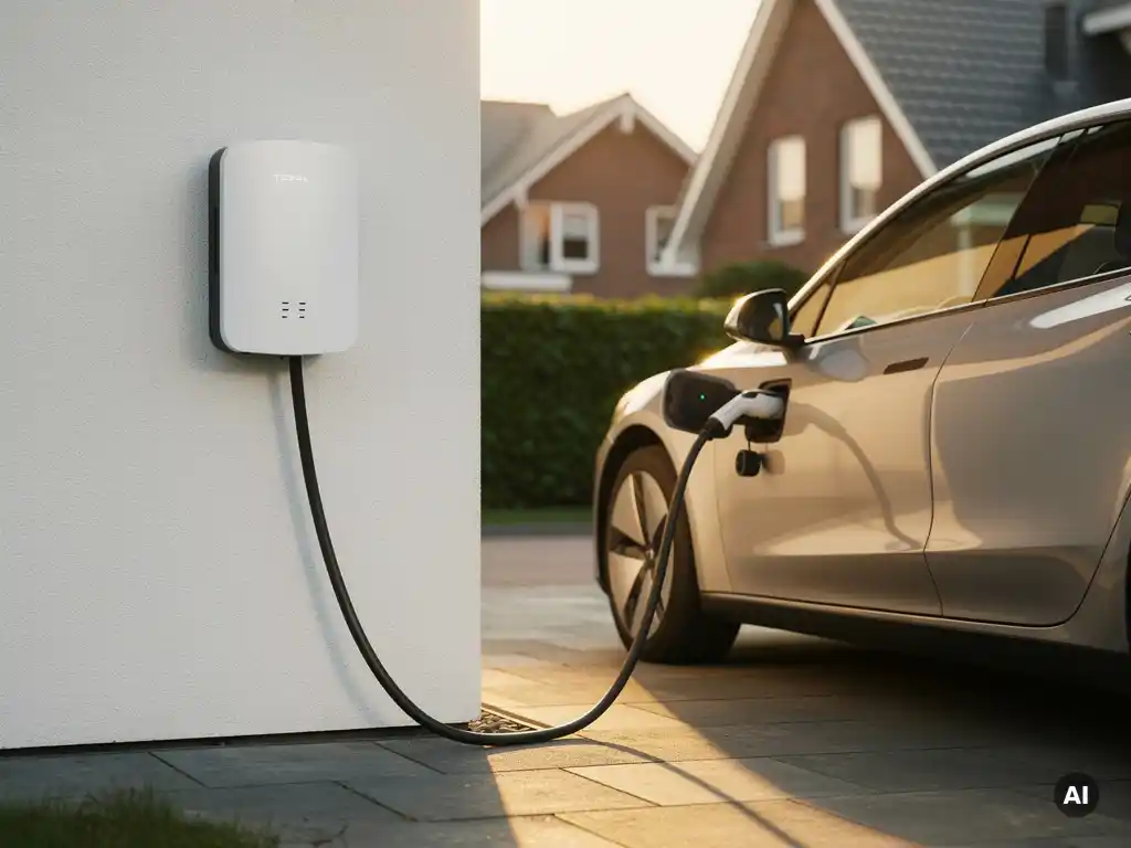 Witte thuislader voor elektrische auto gemonteerd op garagemuur in Nederlandse woonwijk, oplaadkabel aangesloten bij gouden middaglicht.