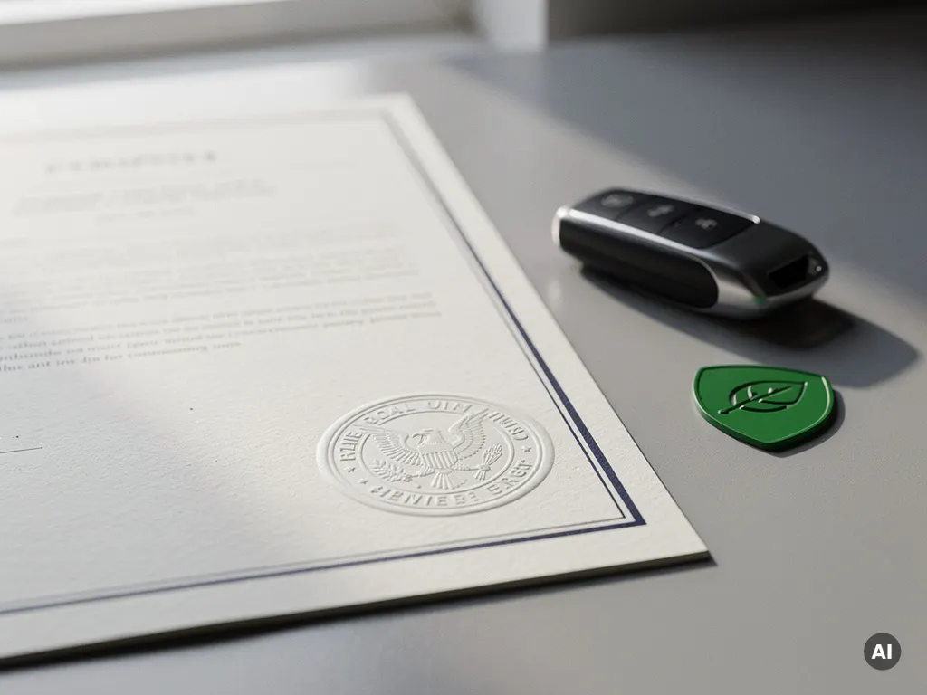Officieel overheidsdocument met reliëfzegel naast een elektrische autosleutel en groen energiebadge op een modern bureau.