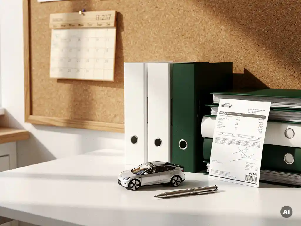 Nette bureauomgeving met kalender op prikbord, administratiemappen, laadpaal-factuur en miniatuur elektrisch voertuig naast een pen.