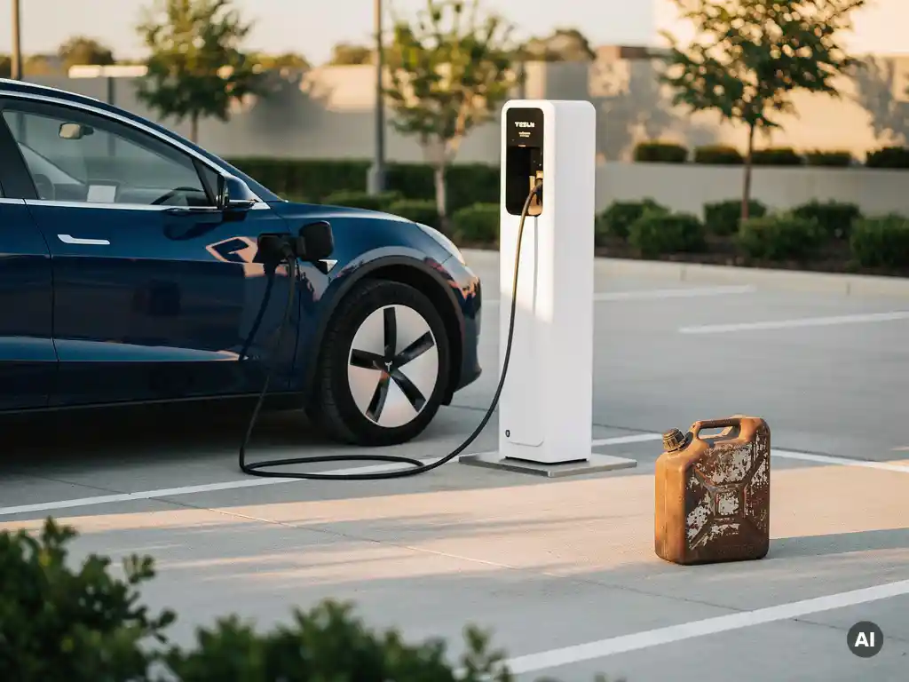 Elektrisch voertuig aan modern wit laadstation, met verweerde biobrandstofjerrycan op de grond in zachte middagzon.