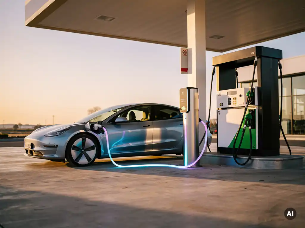 Elektrisch voertuig oplaadpaal naast traditionele brandstofpomp op een modern tankstation bij gouden uursbelichting.