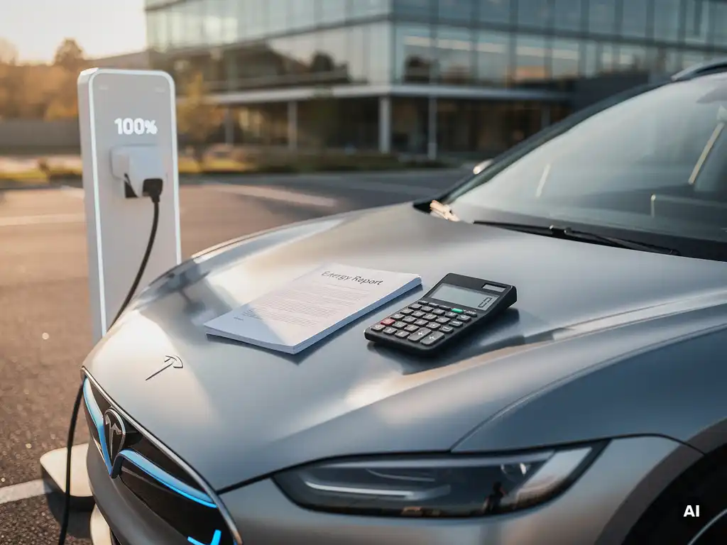 Elektrisch voertuig aangesloten op wit laadstation op bedrijfsparkeerplaats, met documenten en rekenmachine op de motorkap.