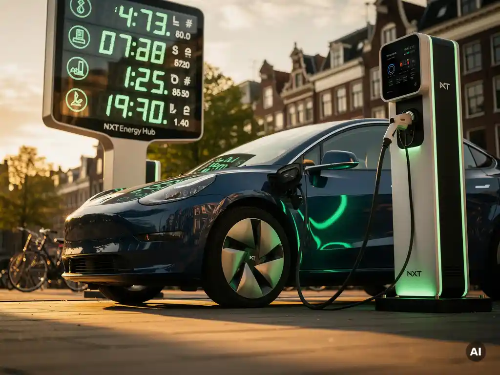 Elektrische auto die oplaadt bij een moderne NXT Energy Hub, verlicht prijsdisplay weerspiegeld in de glanzende carrosserie, stedelijke achtergrond.