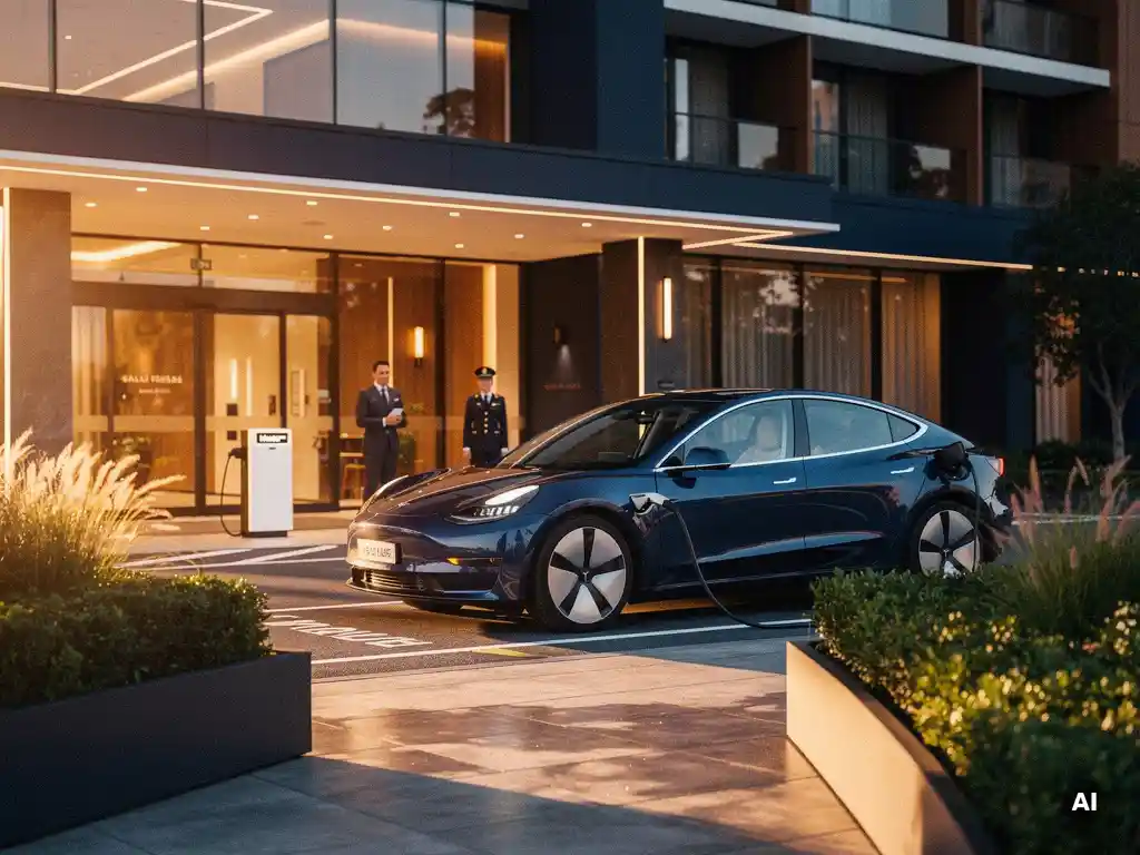Elektrisch voertuig dat oplaadt bij de ingang van een modern hotel, verlicht door gouden-uurlicht met weelderige plantenbakken op de voorgrond.