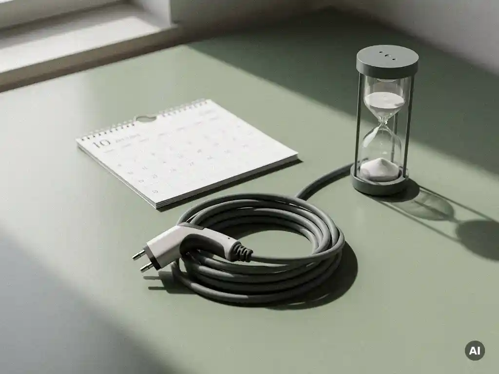 Kalender en opgerold laadkabel voor elektrisch voertuig op modern bureau, met zandloper en zacht natuurlijk licht.
