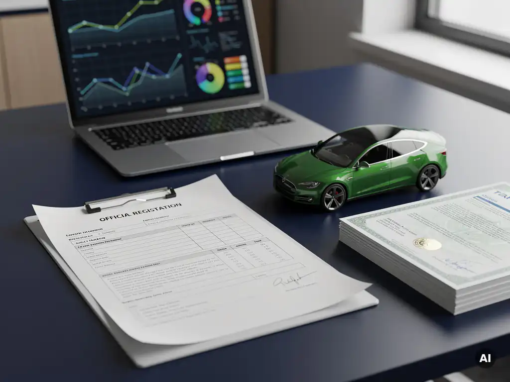Bureau met registratieformulieren op klembord, groen elektrisch automodel en laptop met energiegrafieken voor EV-certificering.