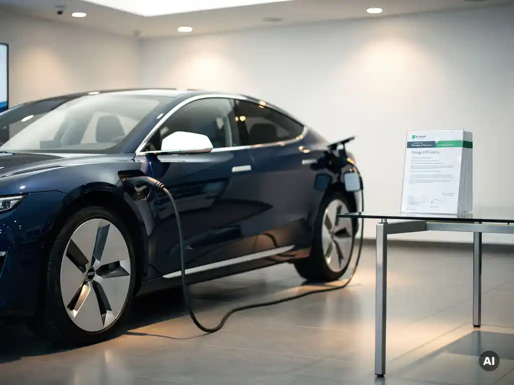 Elektrische auto met laadkabel in moderne showroom, energiecertificaten op glazen bureau, marineblauw en zilver.