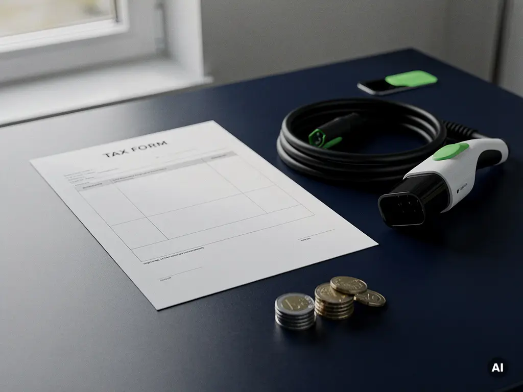 Officieel belastingdocument naast een opgerolde laadkabel voor elektrische auto's en euromunten op een modern bureau.