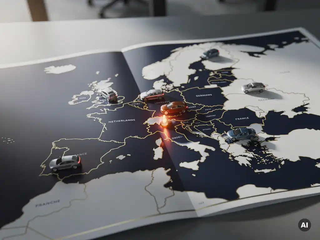 Europese kaart op modern bureau met elektrische voertuig-tokens over Nederland, Duitsland, Frankrijk en Scandinavië, Nederlandse token belicht met warm amber licht.