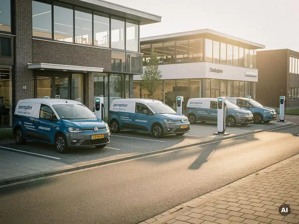 Elektrische bedrijfsbusjes bij laadstations op drie moderne Nederlandse bedrijfslocaties in zacht middaglicht.