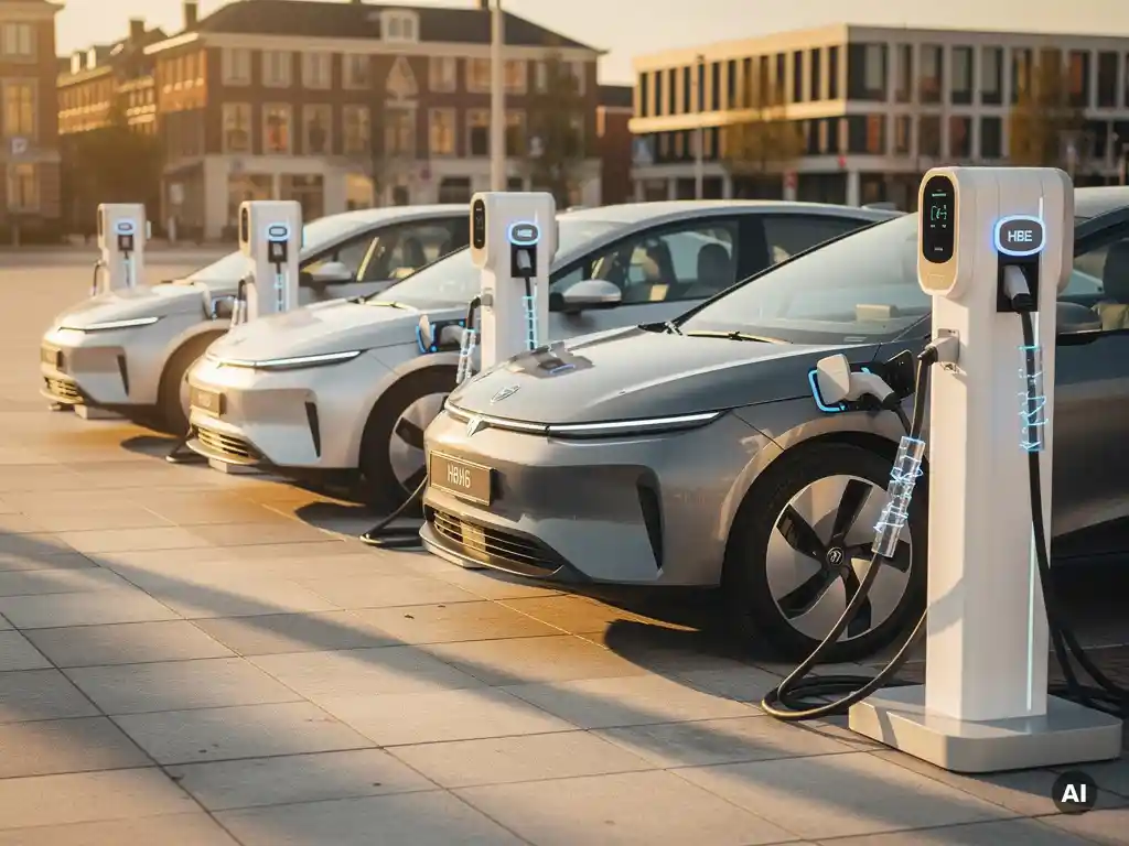 Elektrische gemeentevoertuigen opladen bij moderne witte laadstations op een Nederlands plein in warm middagzonlicht.