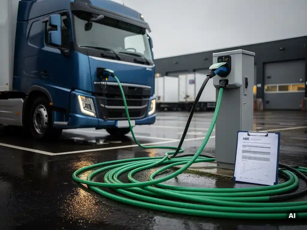 Elektrische vrachtwagen aangesloten op laadstation bij Nederlands logistiek hub, HBE-documenten op klembord, regennat asfalt.