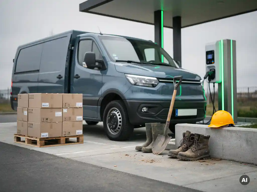 Elektrische vrachttruck bij modern laadstation met beleidsdocument, lospallet en werkschoenen op de voorgrond.